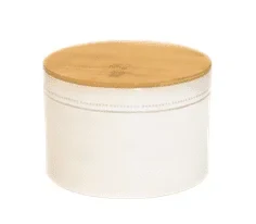 Cream and tan lidded jar — Minimalist white ceramic jar with light wooden lid | Plan My Wedding Africa