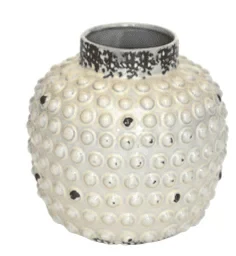 Light beige dotted ginger jar — White ceramic jar with small rounded spikes and silver rim detailing | Plan My Wedding Africa