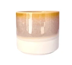 Yellow and white tumbler with gold rim — Gradient ceramic pot with yellow to brown ombré finish | Plan My Wedding Africa